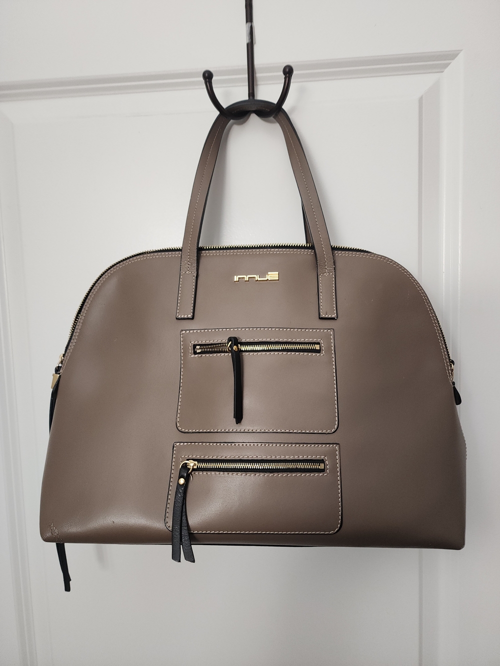 Innue Leather Taupe Dome Tote with Gold Accents